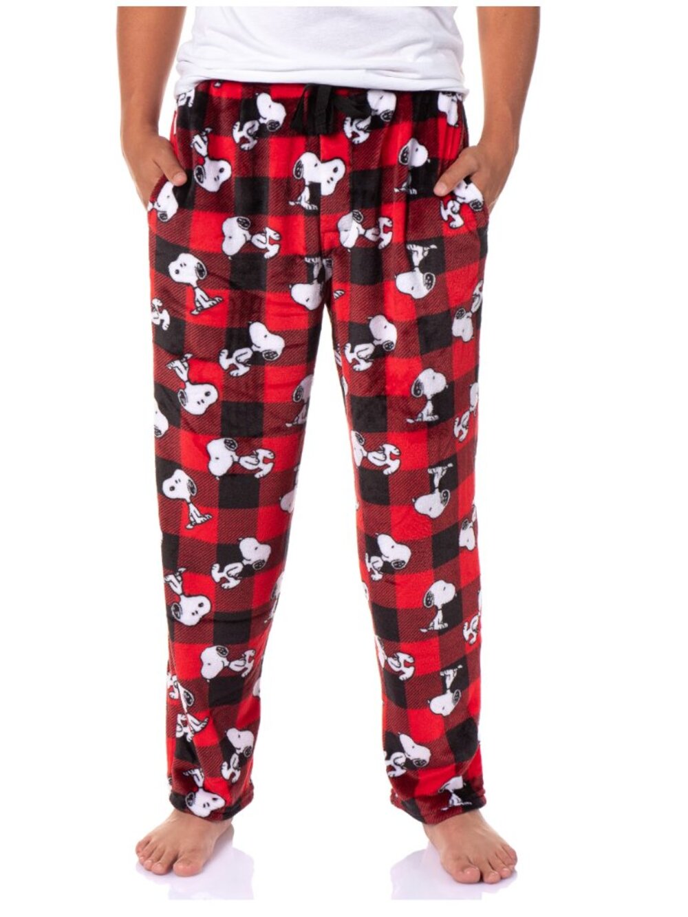 Snoopy Peanuts Buffalo Plaid Fleece Pajama Pants Red Black Men M